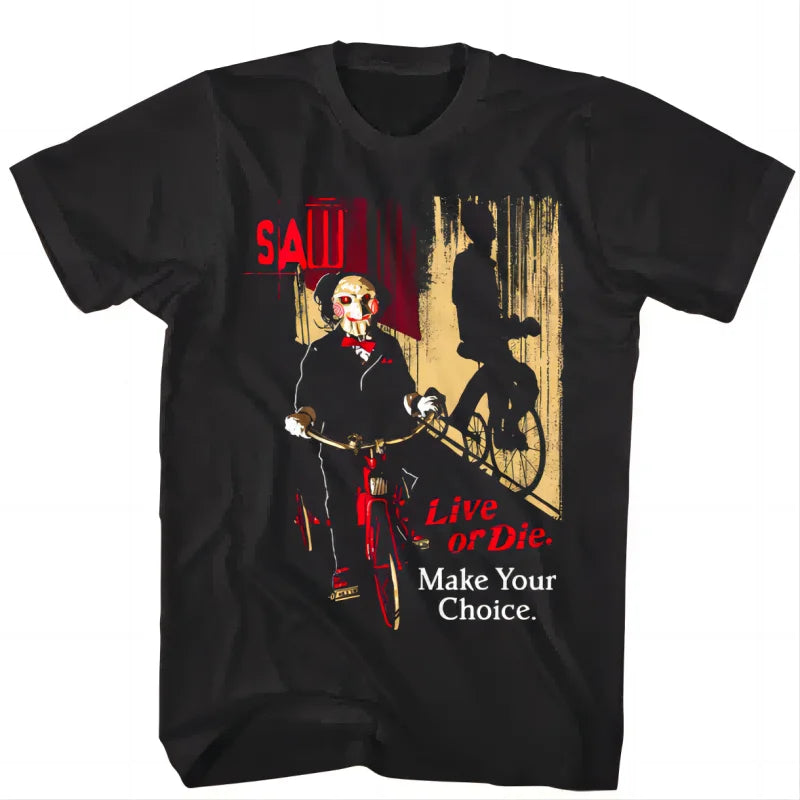 SAW Jigsaw on Bicycle Men's T Shirt Live or Die Make Your Choice Horror Gore
