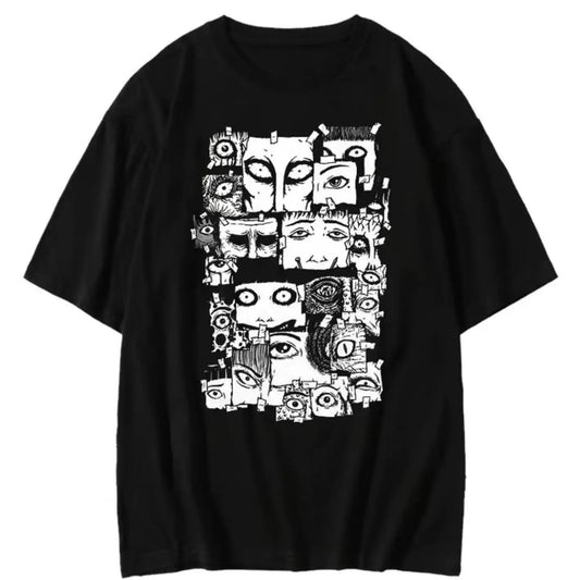Japanese retro black and white horror comics eyes short-sleeved T-shirt loose for men and women