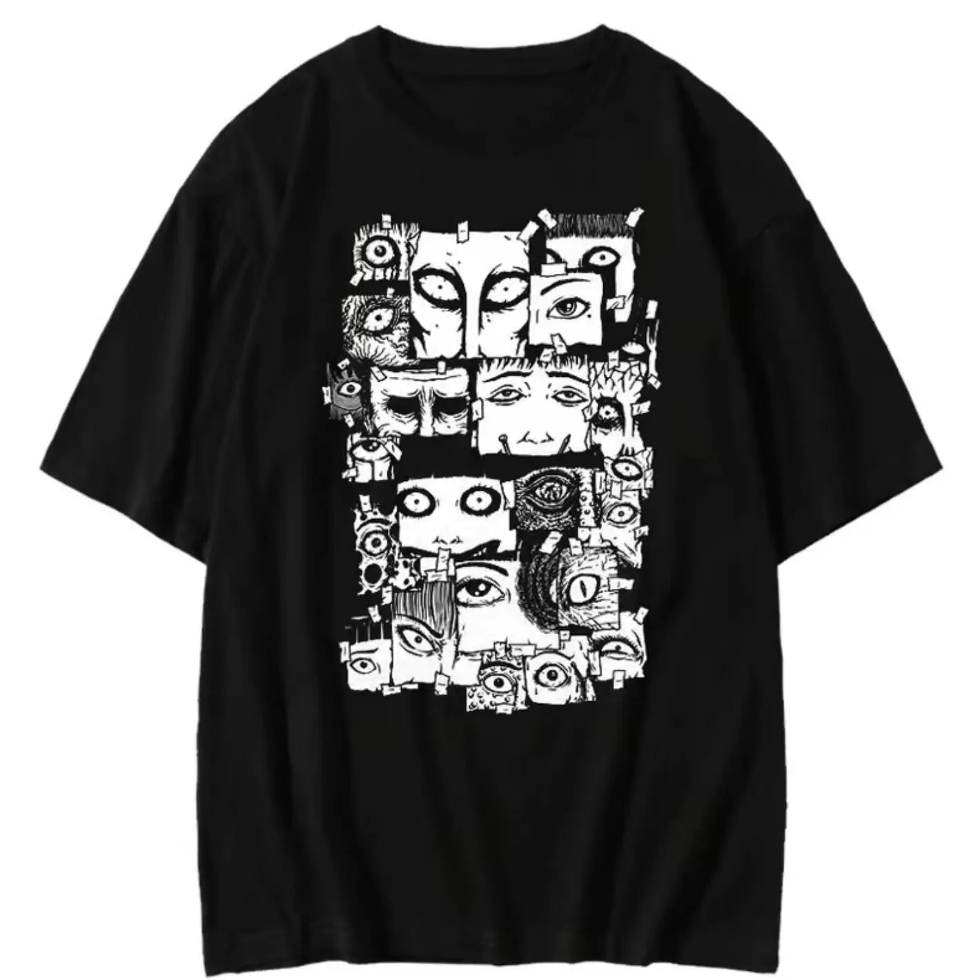 Japanese retro black and white horror comics eyes short-sleeved T-shirt loose for men and women