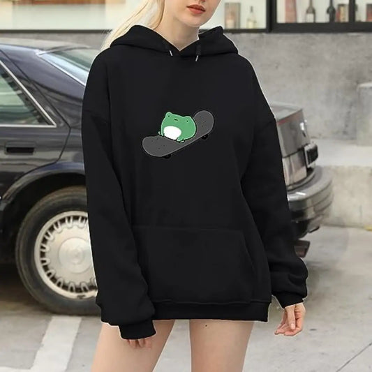 Autumn And Winter Harajuku Style Trend Y2K Frog Skateboarding Print Hooded Sports Long-Sleeved Pullover Hoodie