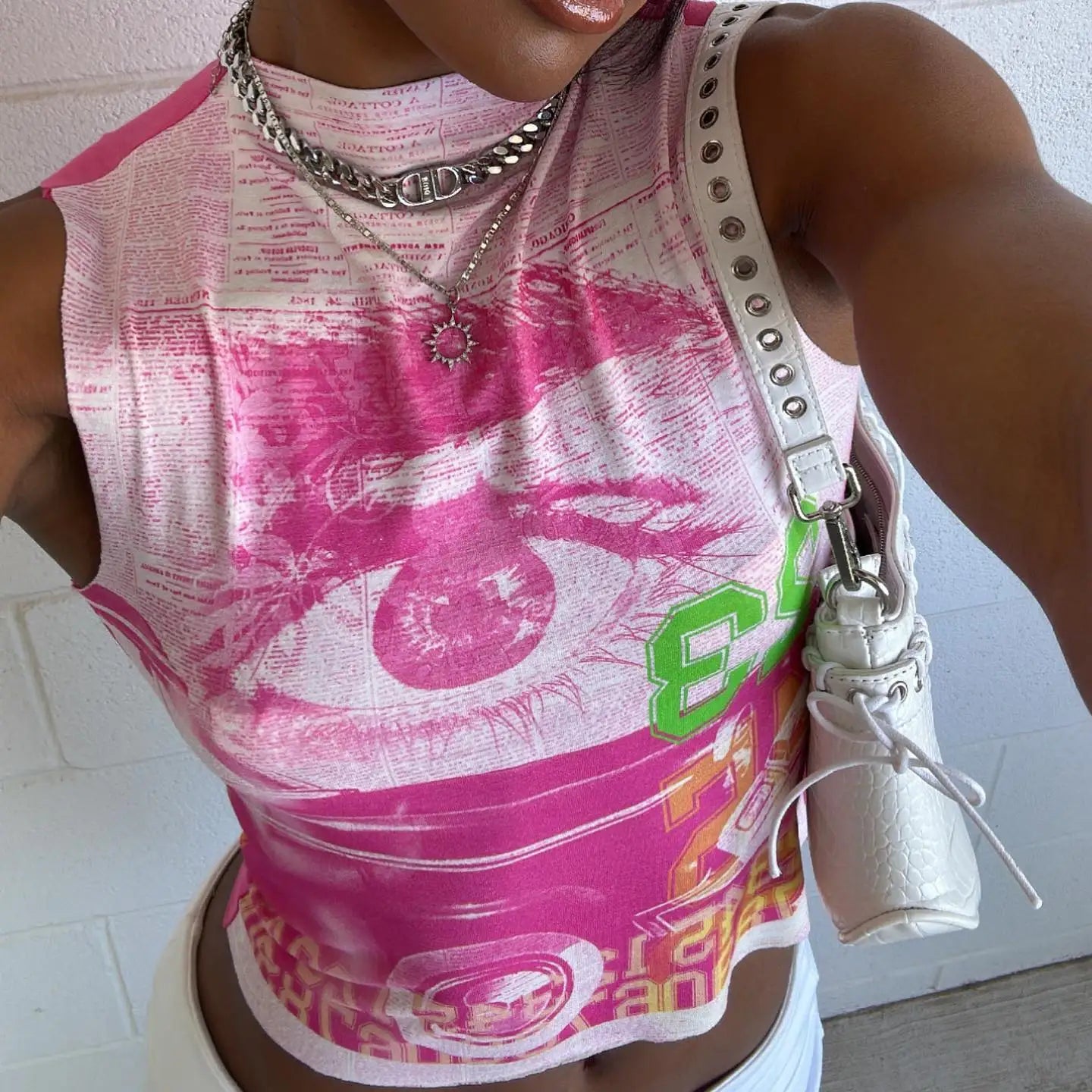 Summer Women's Vest Y2K Pink Manga Eye Print Round Neck Sleeveless Short Slim Sexy Street Babes Style T-Shirt