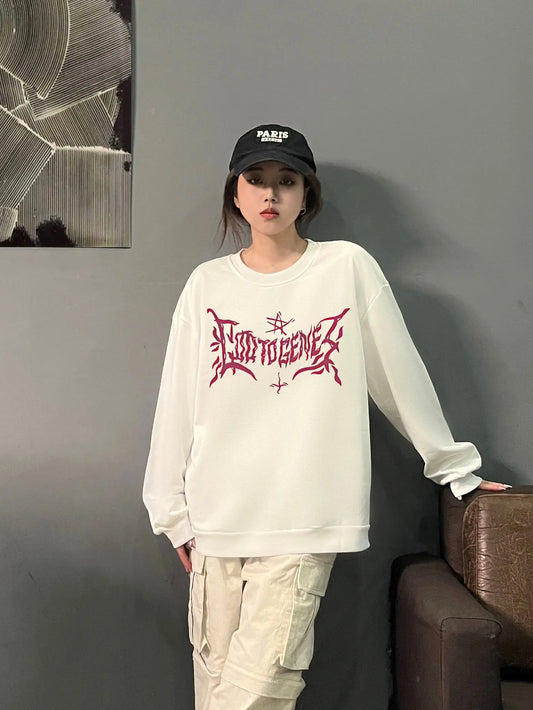 Autumn And Winter New Women Casual Round Neck Sweatshirt Y2K Doodle Print Trendy Street Cute Loose Pullover