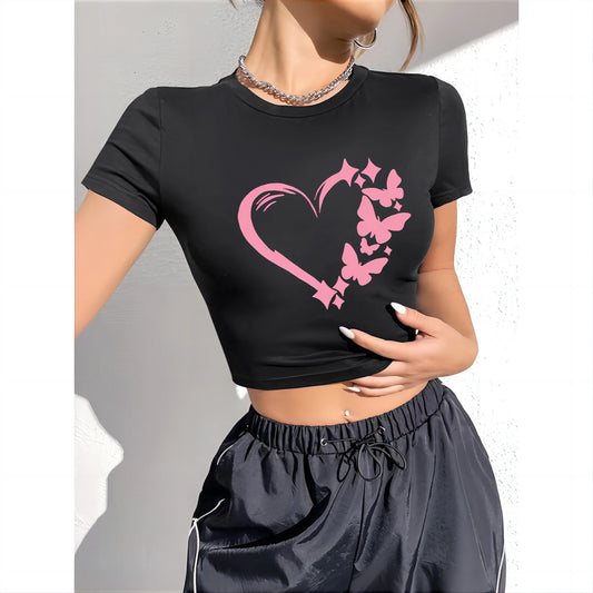 Heart and butterfly print cropped T-shirt