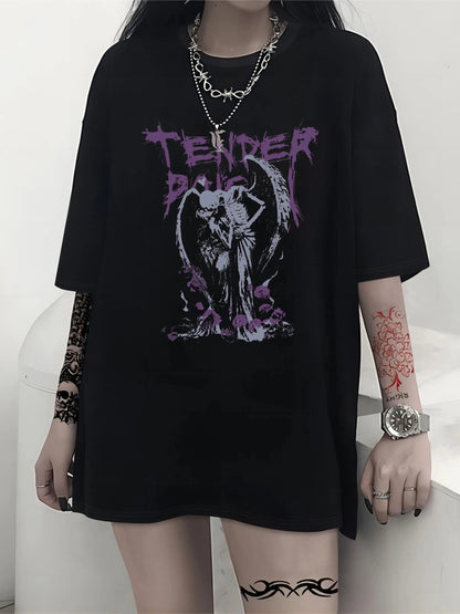 Gothic hip-hop women's street tops devil angel retro printed T-shirt