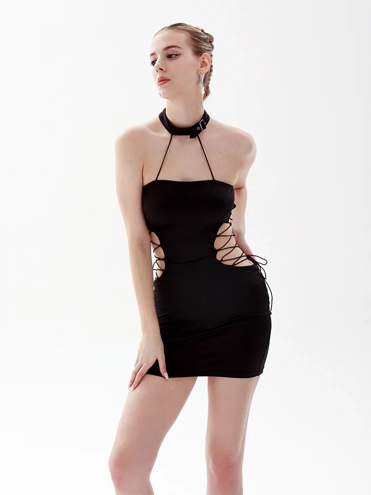 Women's Summer Halter Neck Strap Backless Waist Cutout Design Sexy Punk Style Sleeveless Hot Club Party Mini Dress