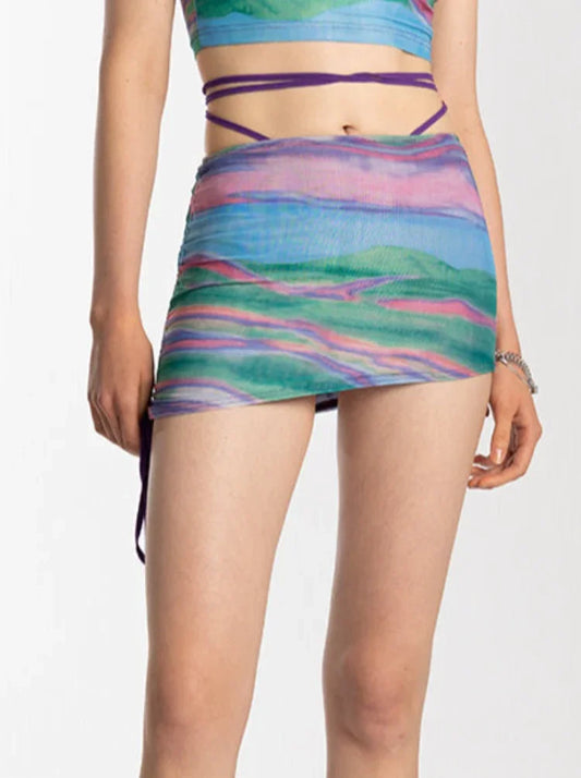  Women's Summer 2023 Asymmetrical Y2K Skinny Sexy Landscape Print Color Mesh Drawstring Beach Short Skirt