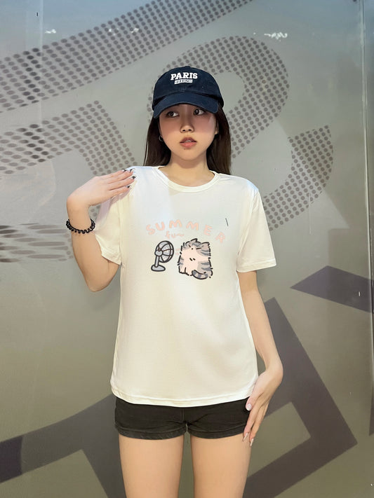 American Street Creative Blow Fan Cat Pure Cotton T-shirt for Men and Women Summer Relaxed Short Sleeve Couple Wear INS Top