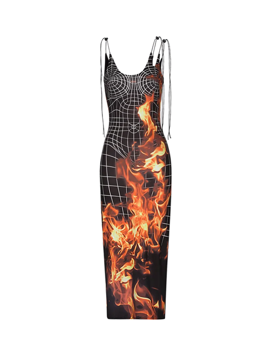  Women's Summer Slim Fit Sexy Warp Hip Black Flame Burning 3D Body Print Line Adjustable Slip Sleeveless Maxi Dress