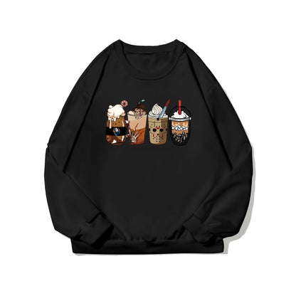 cartoon horror skull hand lollipop four horror ice cream drink pink ribbon witch print graphic long sleeve crew neck s