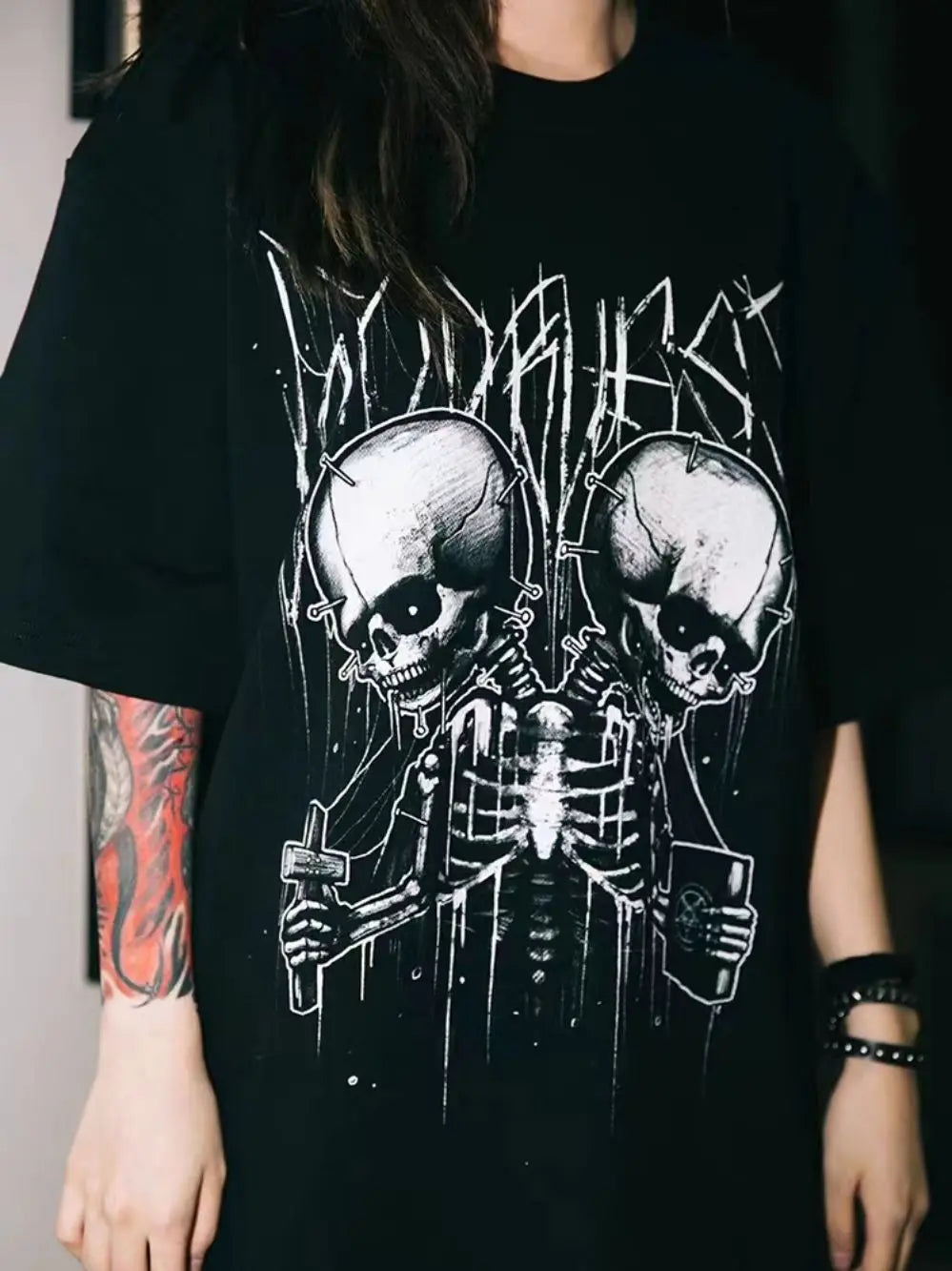 EKHLAS tattoo artist Arcs co-branded tattoo dark double-headed skull rock short-sleeved T-shirt