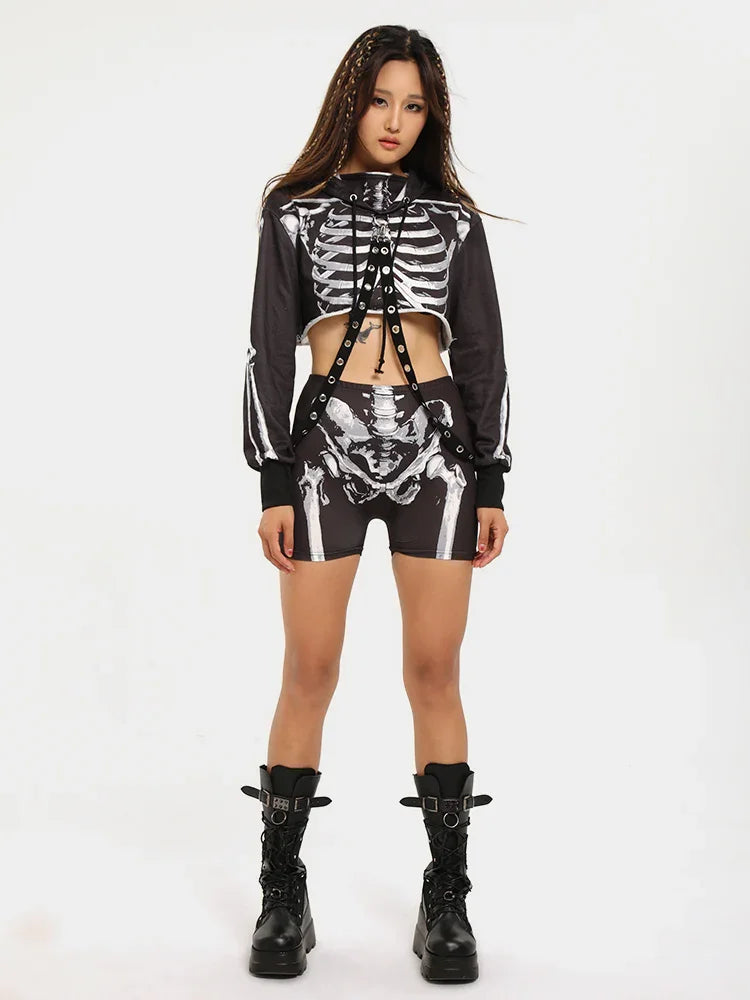 Women's Fall New 2023 Dark Punk Skull Hoodie Y2K Cool Stand Collar Biker Style Long Sleeve Cropped  Top