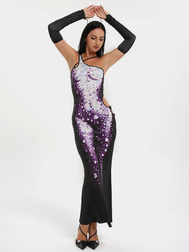  Women's Sexy Slim Fit Spaghetti Strap Cut Out Split Hem Thermal Asymmetric Body Print Bodycon Maxi Dress