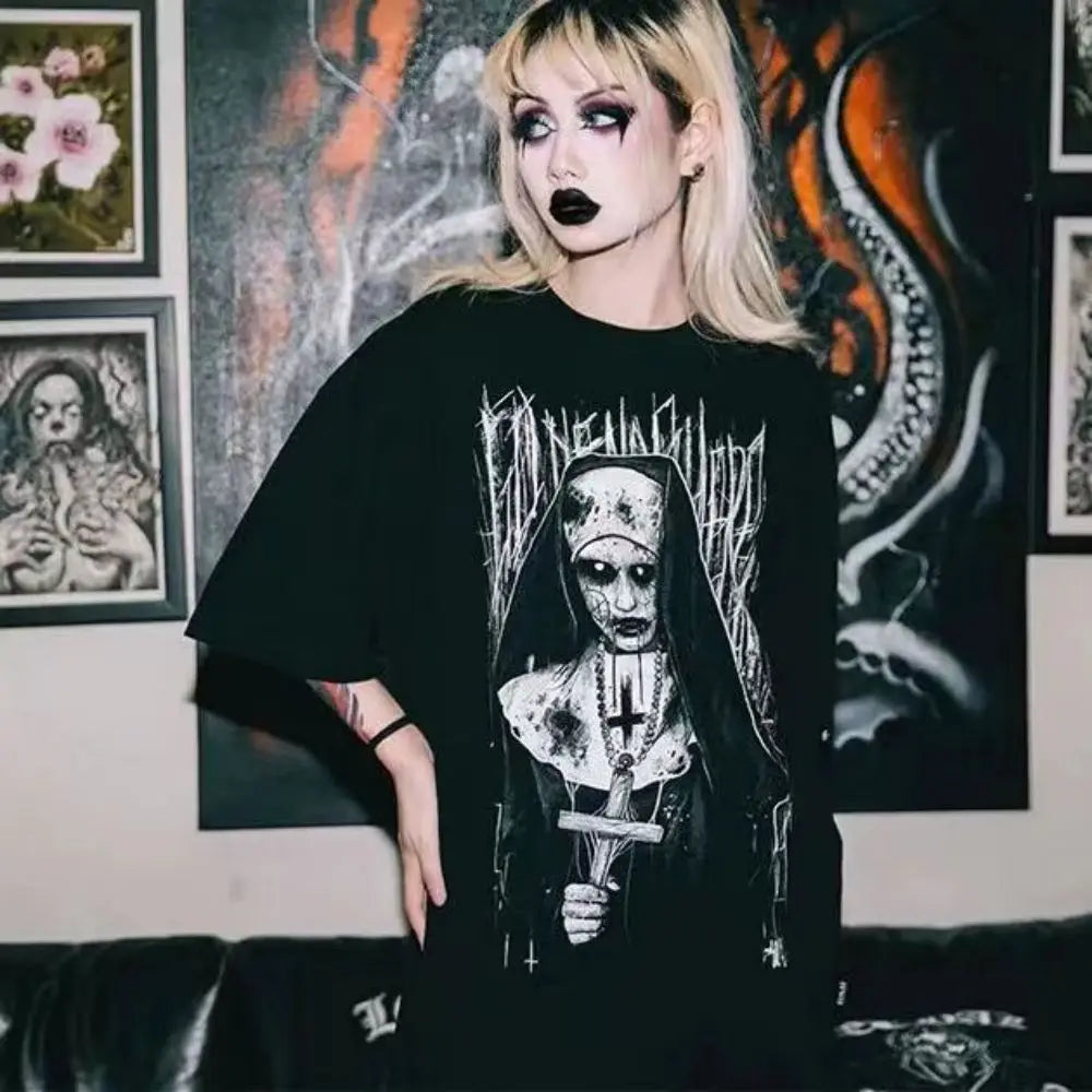 T-shirt women's European and American dark gothic rock loose short-sleeved T-shirt