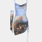  Summer Women's Sexy Slim Spaghetti Strap Y2K Halter Mural Print Gathering Club Party Mini Dress with One Glove