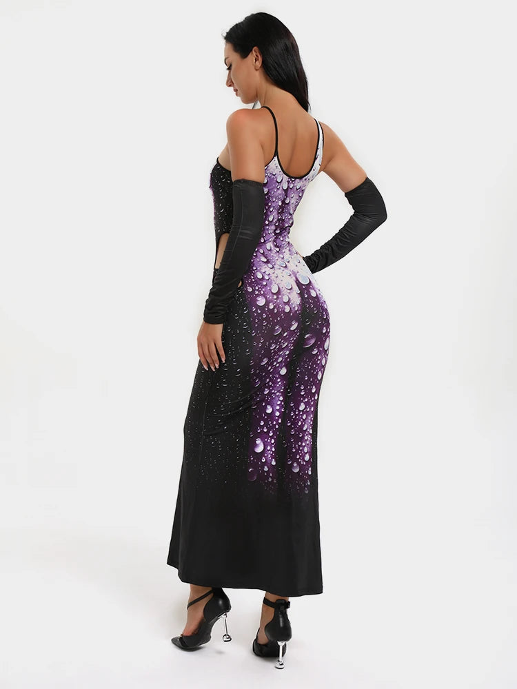  Women's Sexy Slim Fit Spaghetti Strap Cut Out Split Hem Thermal Asymmetric Body Print Bodycon Maxi Dress