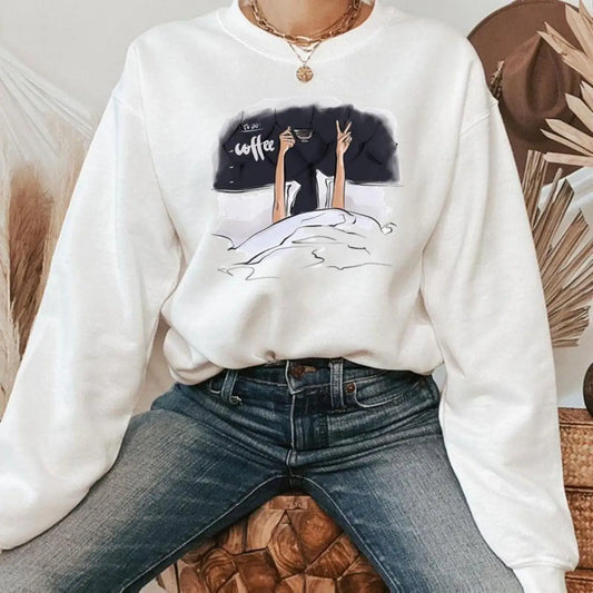 Autumn And Winter New Women Casual Round Neck Sweatshirt Y2K Coffee Refresh Print Trendy Street Cute Loose Pullover