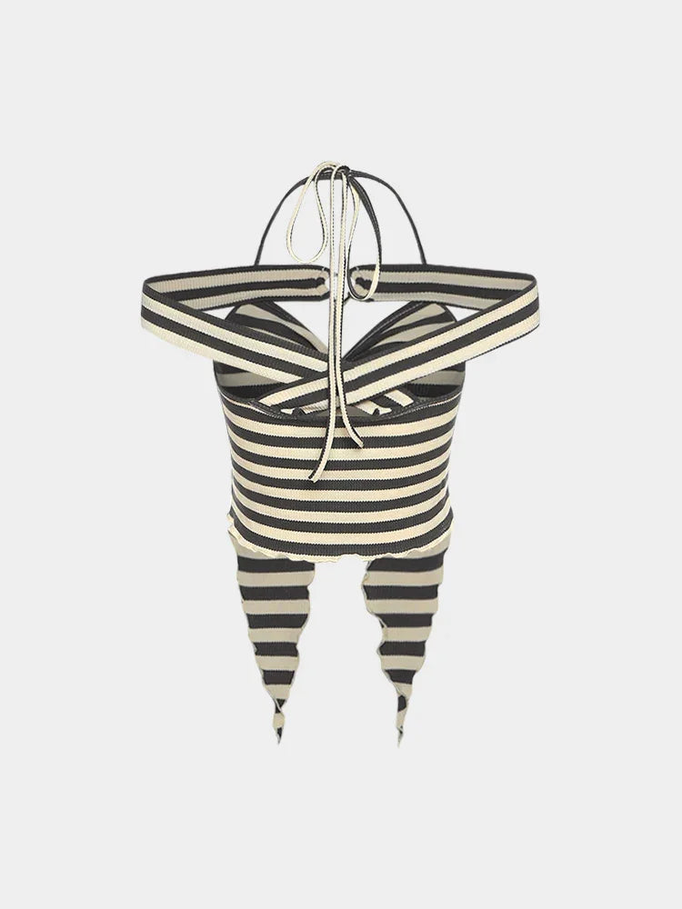 Summer Fashion Sexy Women's Striped Suspenders With Hanging Collars And One-Shoulder Y2K Elegant Youth Irregular Tops
