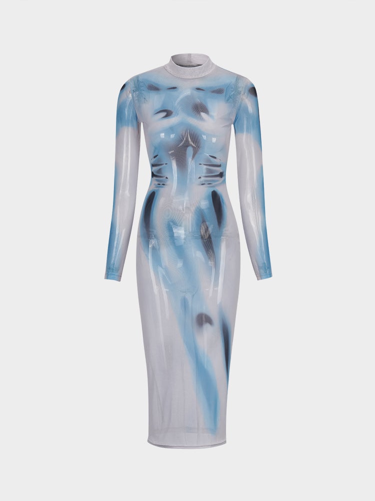 Body Print See-through Mesh Dress