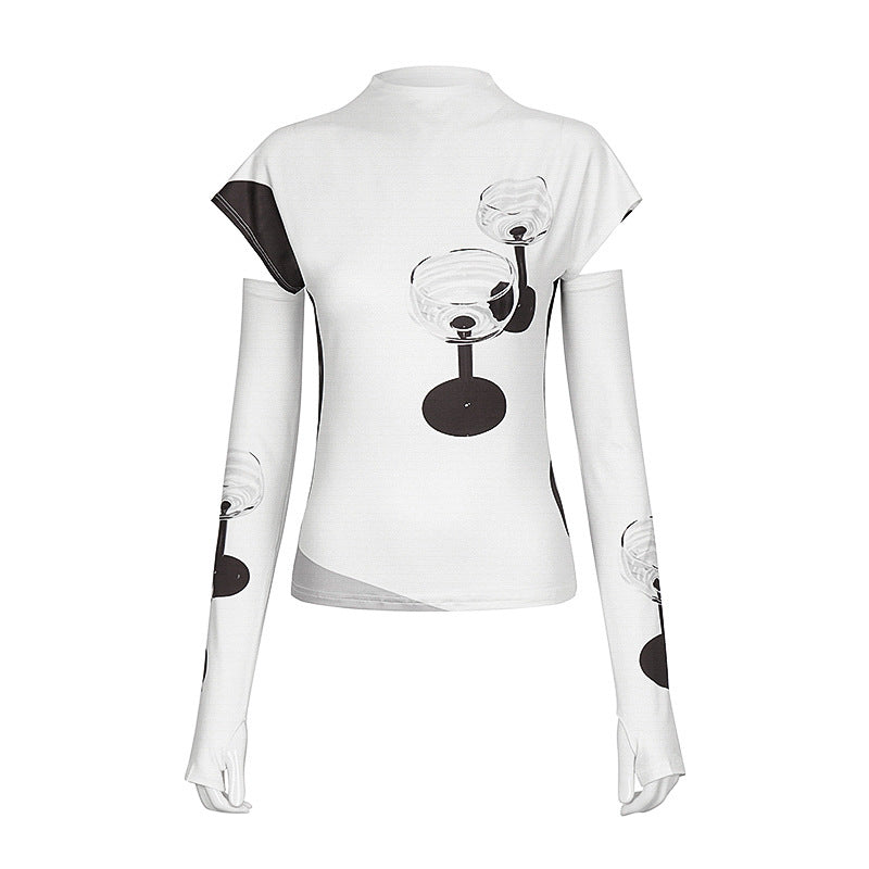 Ins futuristic printed T-shirt with sleeve for women