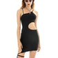 Summer Spring Women's Sexy Halter Hollow Ribbed Knit Solid Color Black Drawstring Ruched Cutout Design Mini Dress