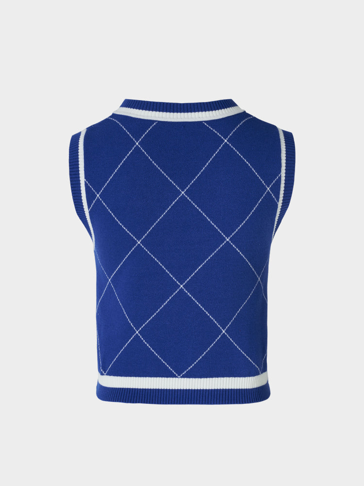 Blue Gingham Round Neck Sweater Vest