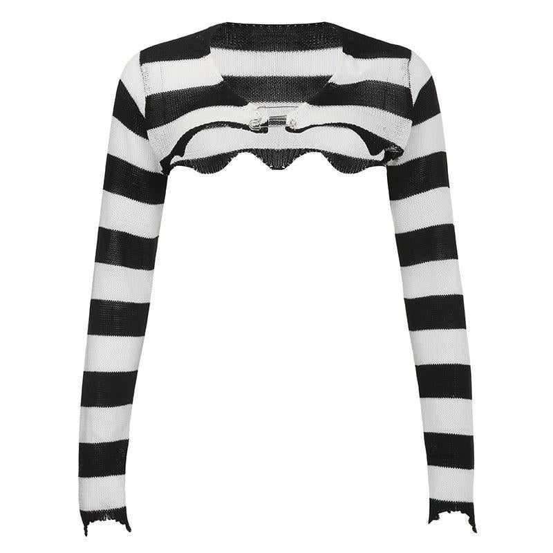 black color block stripe super short woolen blouse American style vintage hollow loop button irregular overlay