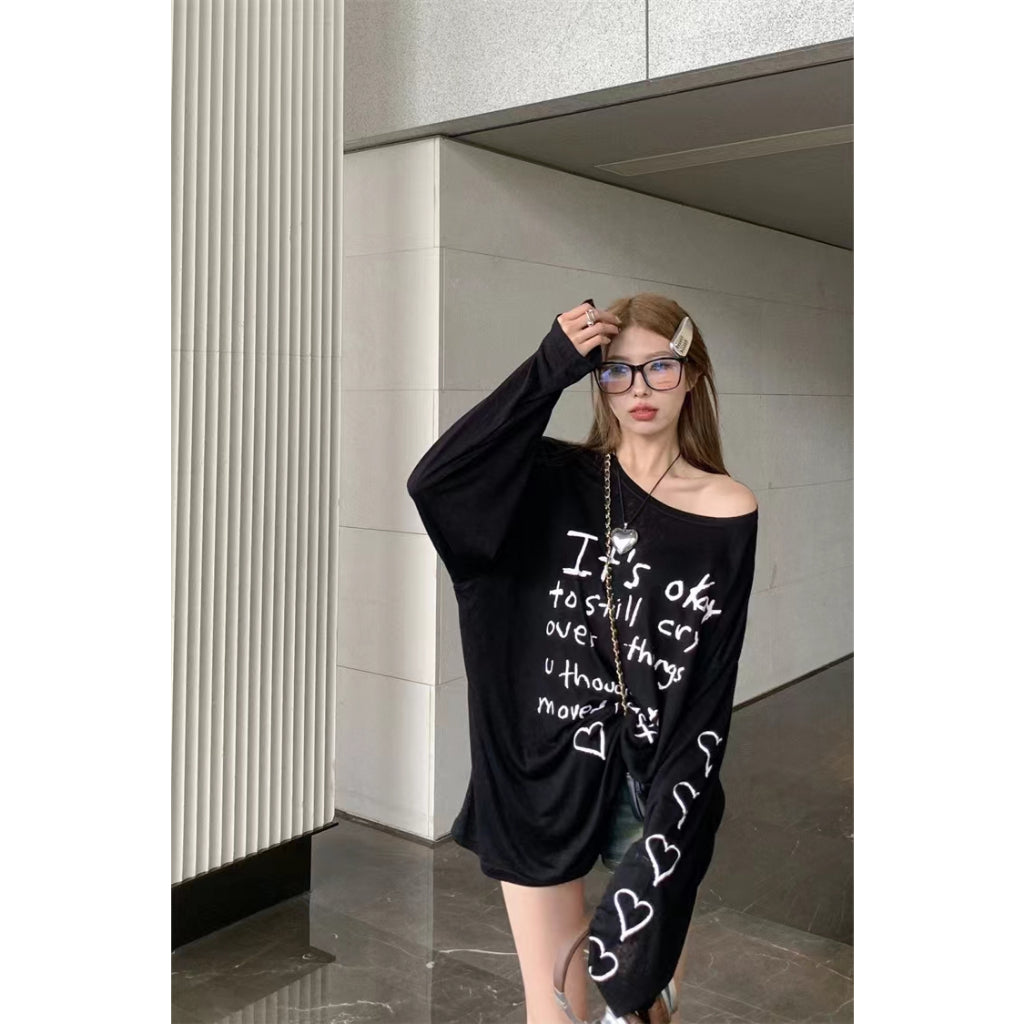 Black Letter Love Printing Sun Protection T-shirt for Women's Summer 2023 New Long Sleeve Thin Loose and Slim Air Conditioning Cover