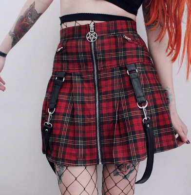 Punk Gothic Zip Strap Pleated Skirt