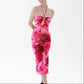 Hollow Neck Slim Fit Rose Print Wrapped Hip Dress