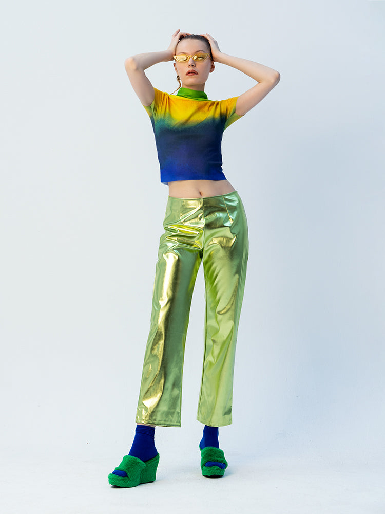 Shiny Solid Color Straight-leg Trousers