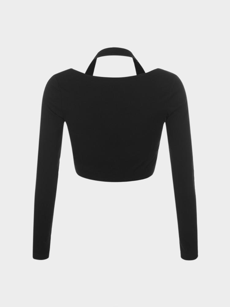 Irregular Crop Top - Long-sleeved T-shirt with Halter Neck Bag Buckle Vest  Two-piece Top